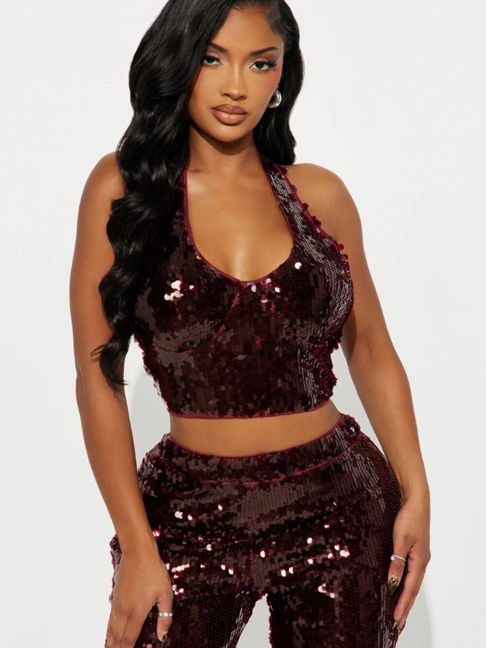 NWT Fashion Nova Burgundy - Crimson Red Sequin Halter Top & Pant Set - L